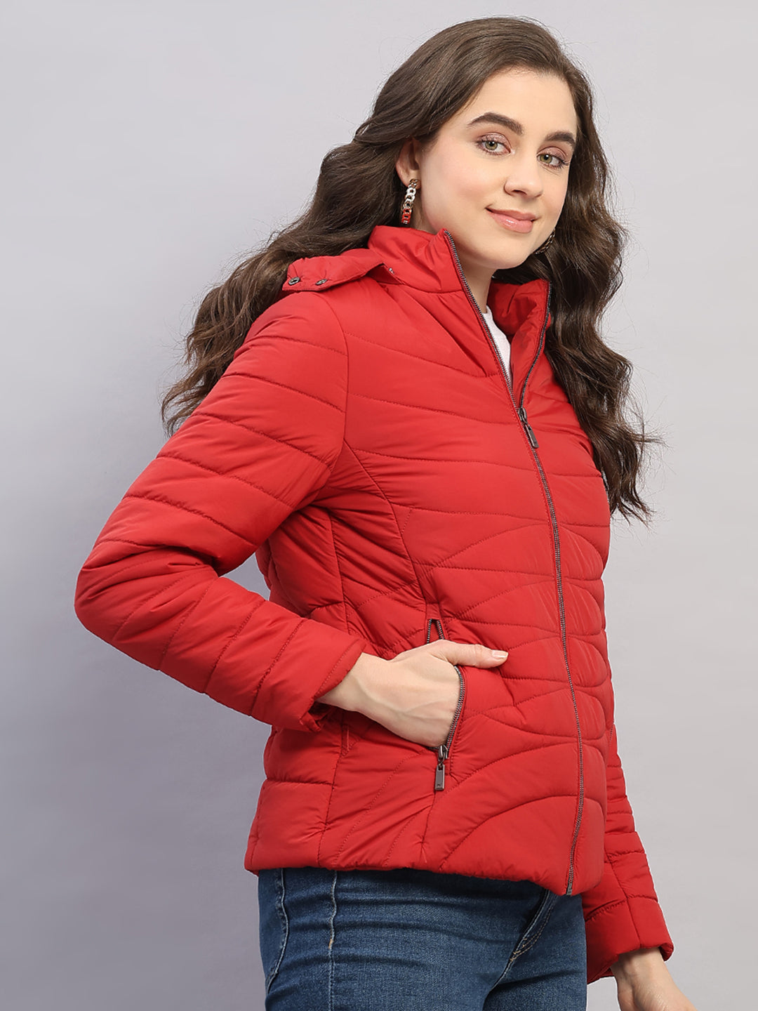 Women Red Solid Hooded Full Sleeve Jacket