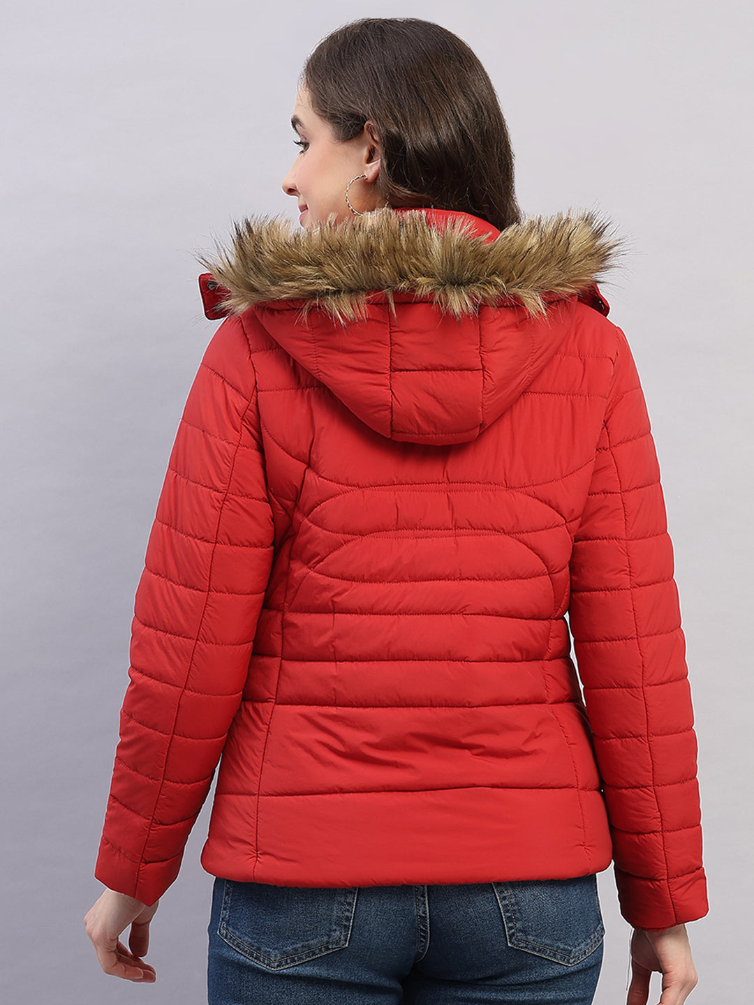 Women Red Solid Hooded Full Sleeve Jacket