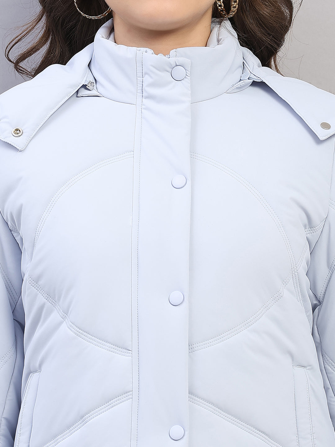 Women Blue Solid Hooded Full Sleeve Jacket