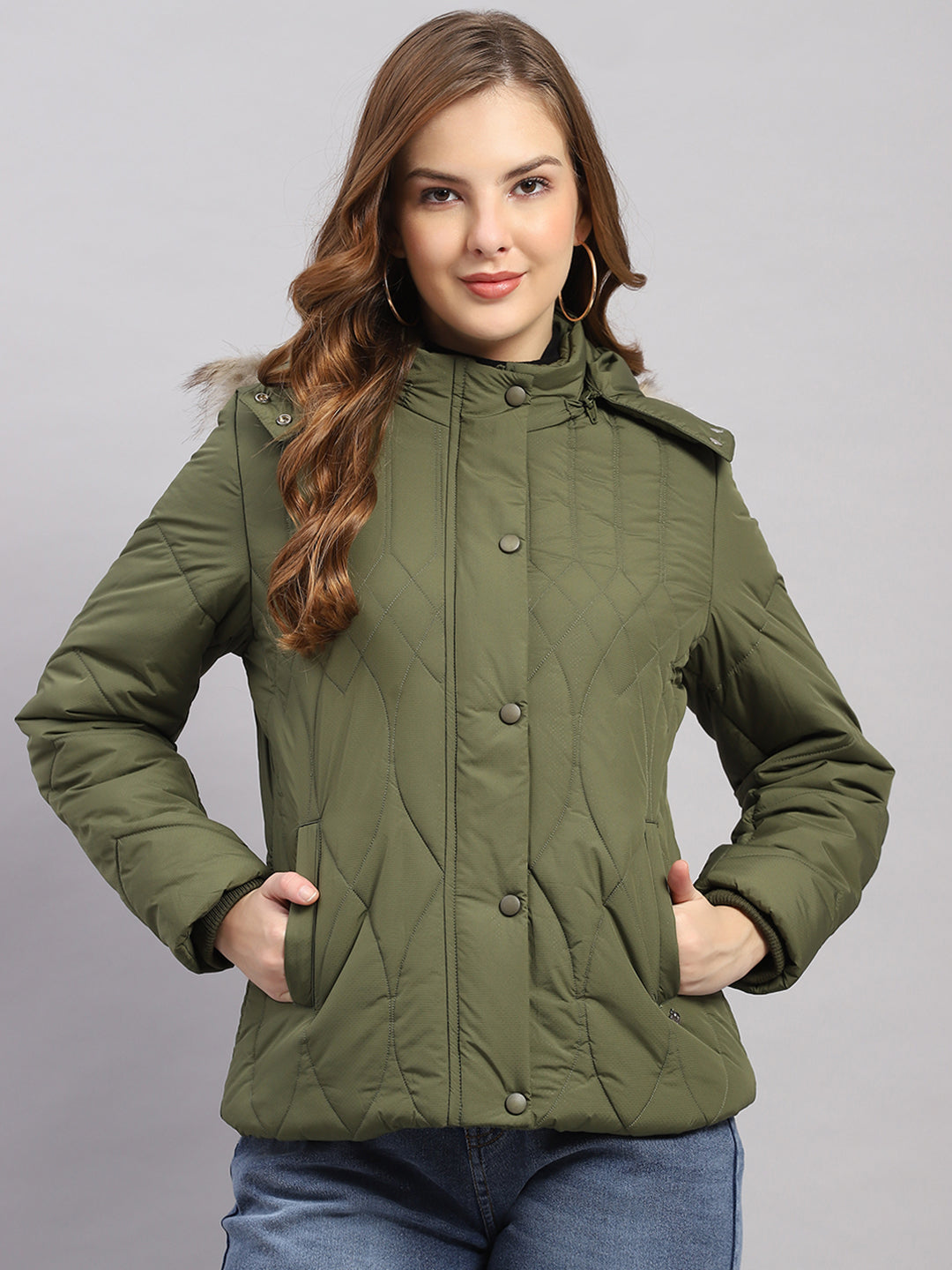 Women Green Stripe Hooded Full Sleeve Jacket