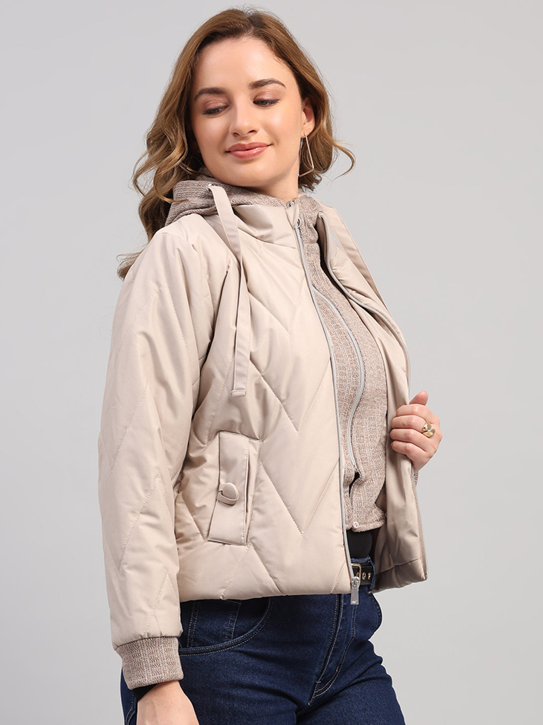 Women Beige Self Design Hooded Full Sleeve Jacket