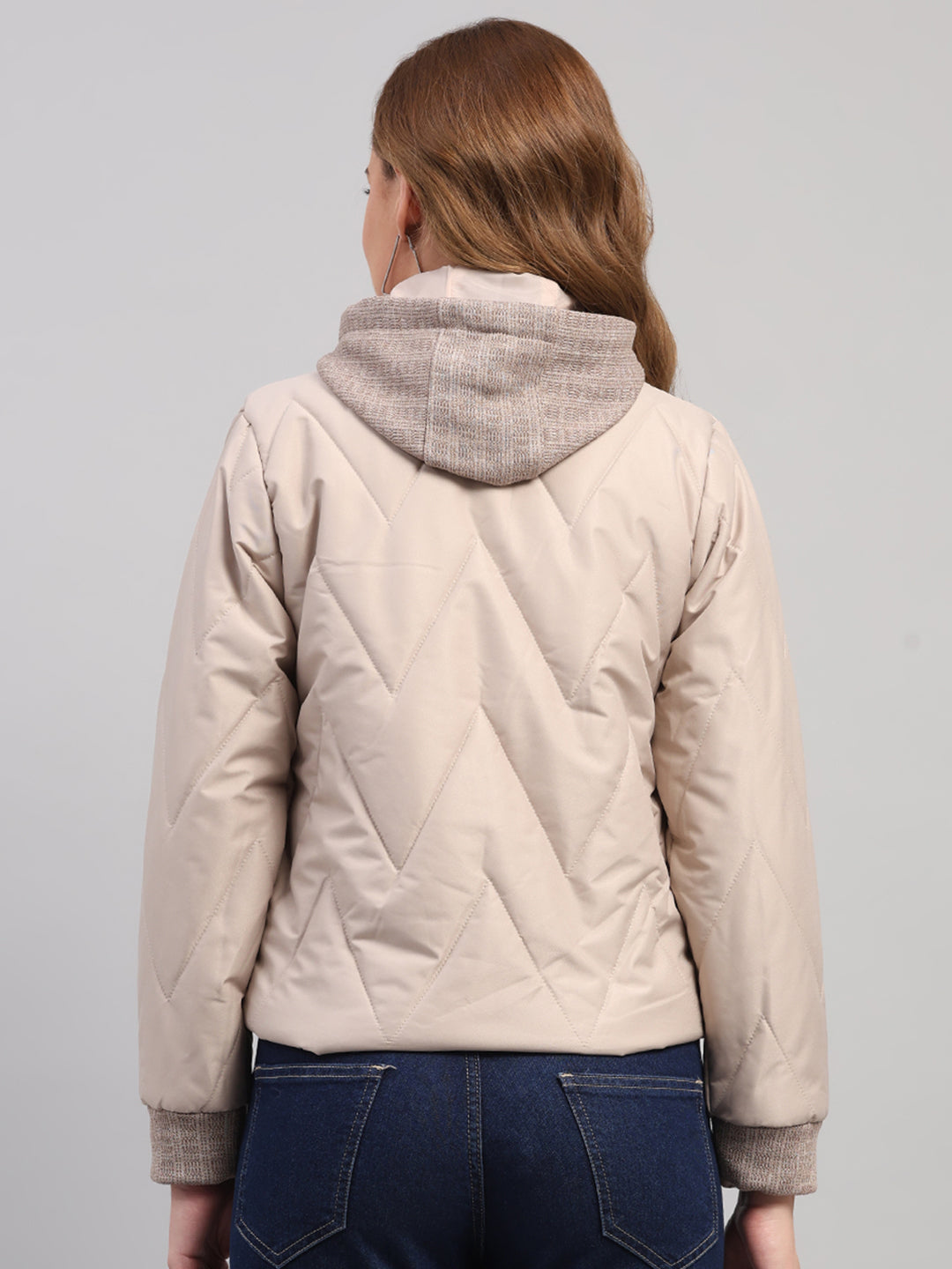 Women Beige Self Design Hooded Full Sleeve Jacket
