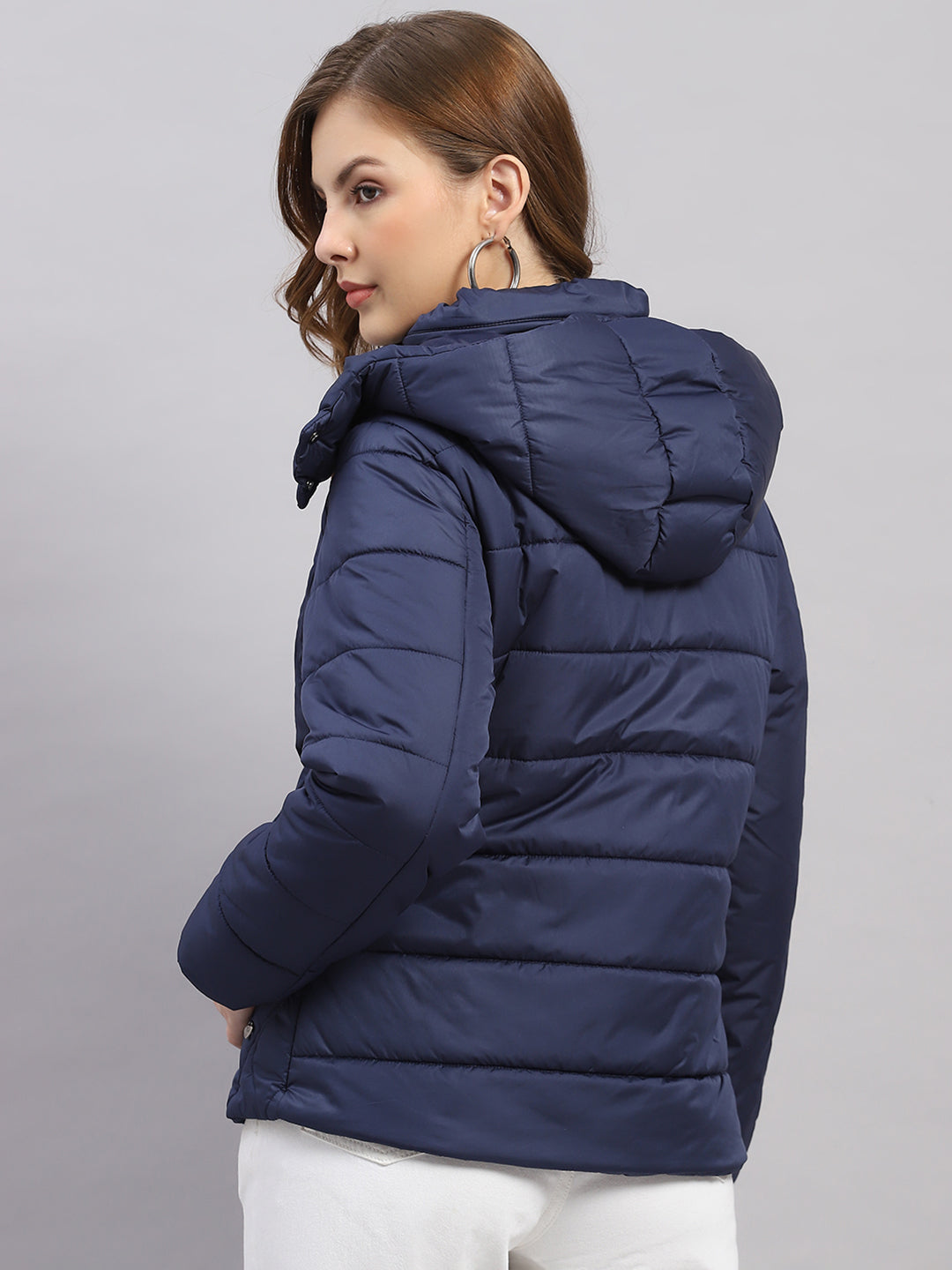 Women Blue Solid Hooded Full Sleeve Jacket