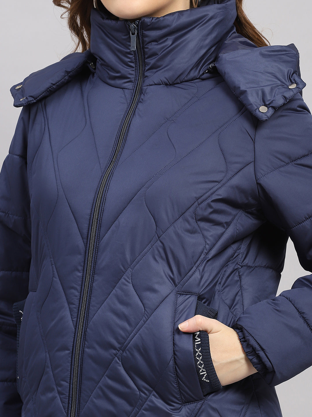 Women Blue Solid Hooded Full Sleeve Jacket