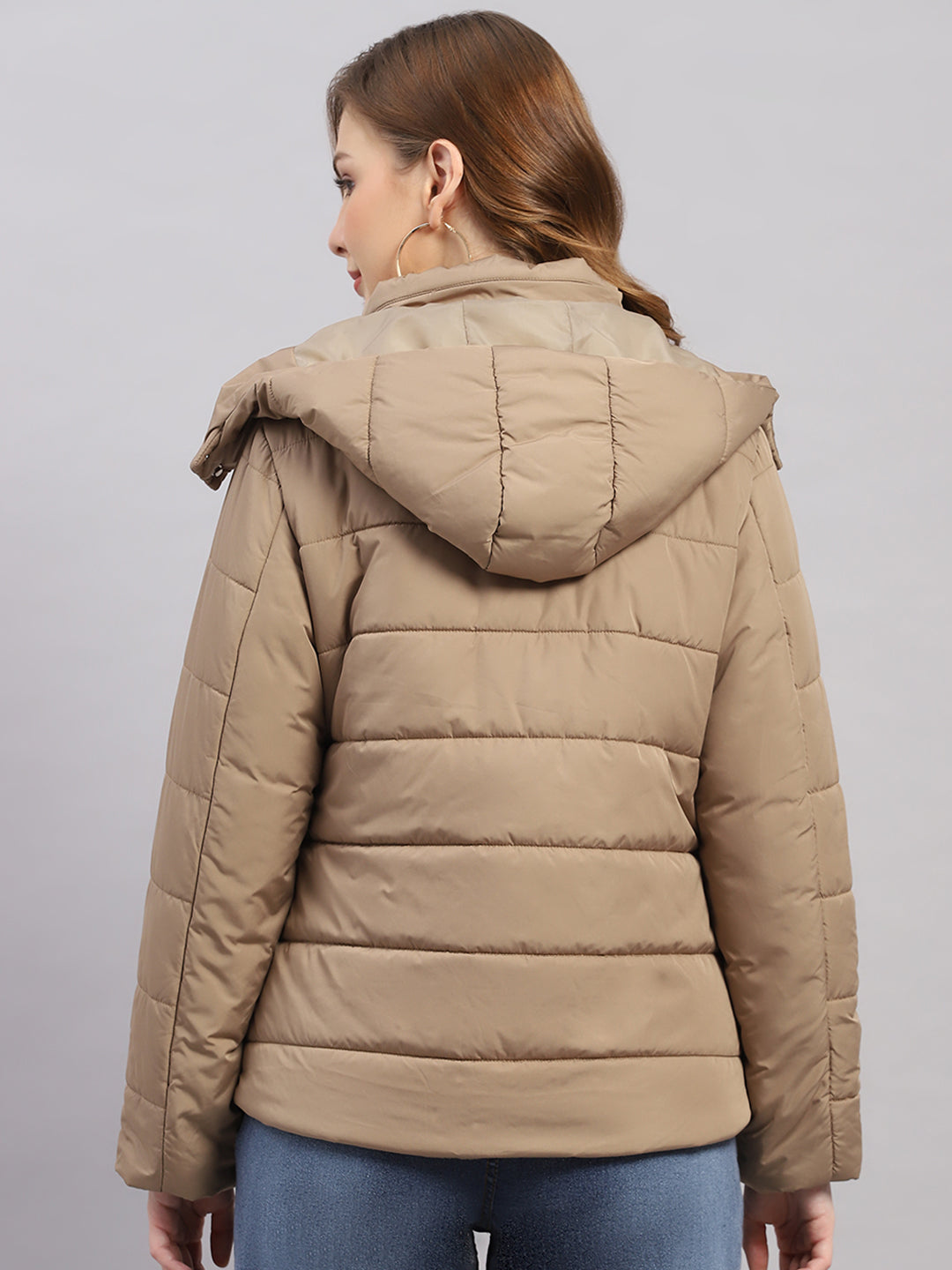 Women Beige Solid Hooded Full Sleeve Jacket