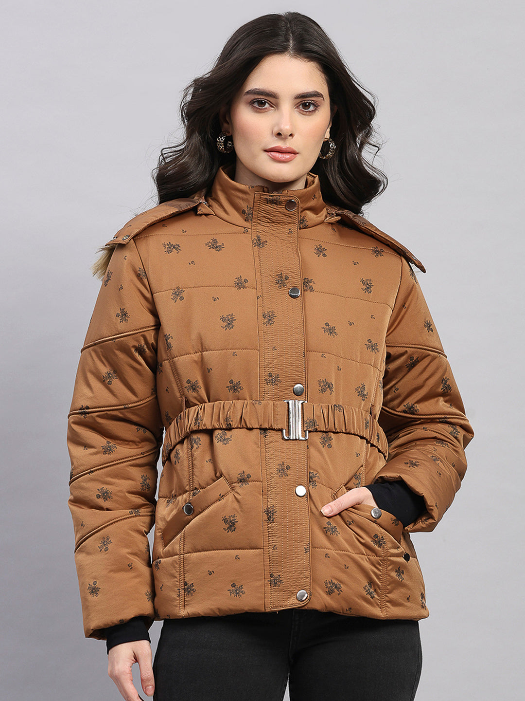 Women Tan Printed Hooded Full Sleeve Jacket