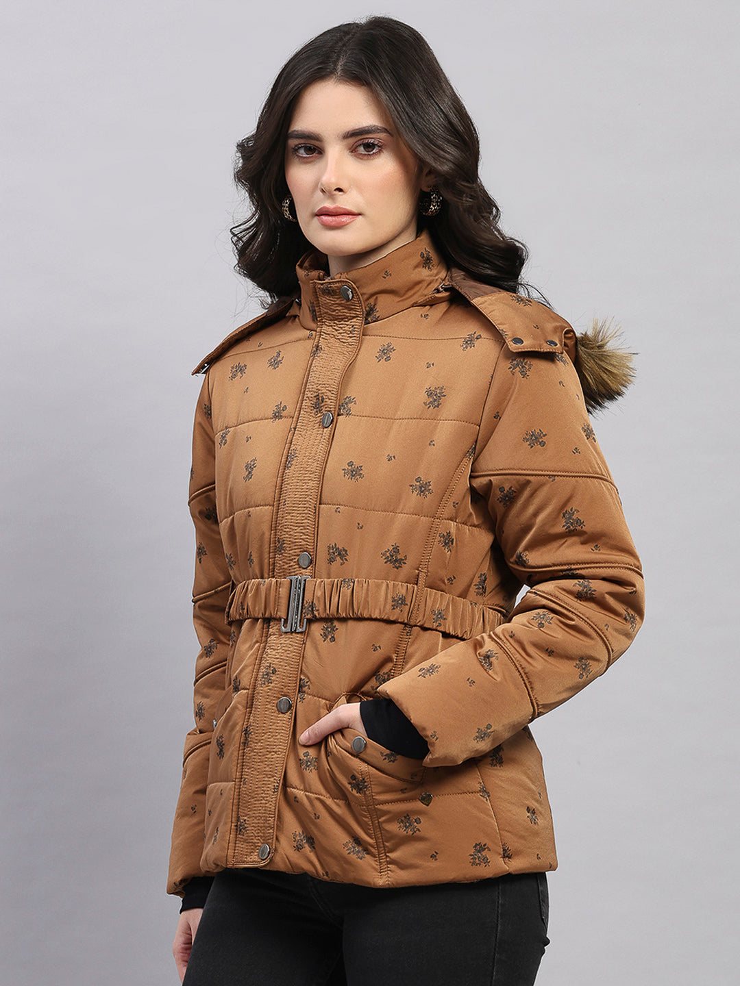 Women Tan Printed Hooded Full Sleeve Jacket