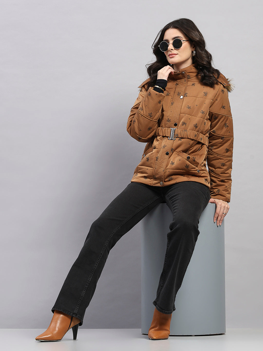 Women Tan Printed Hooded Full Sleeve Jacket