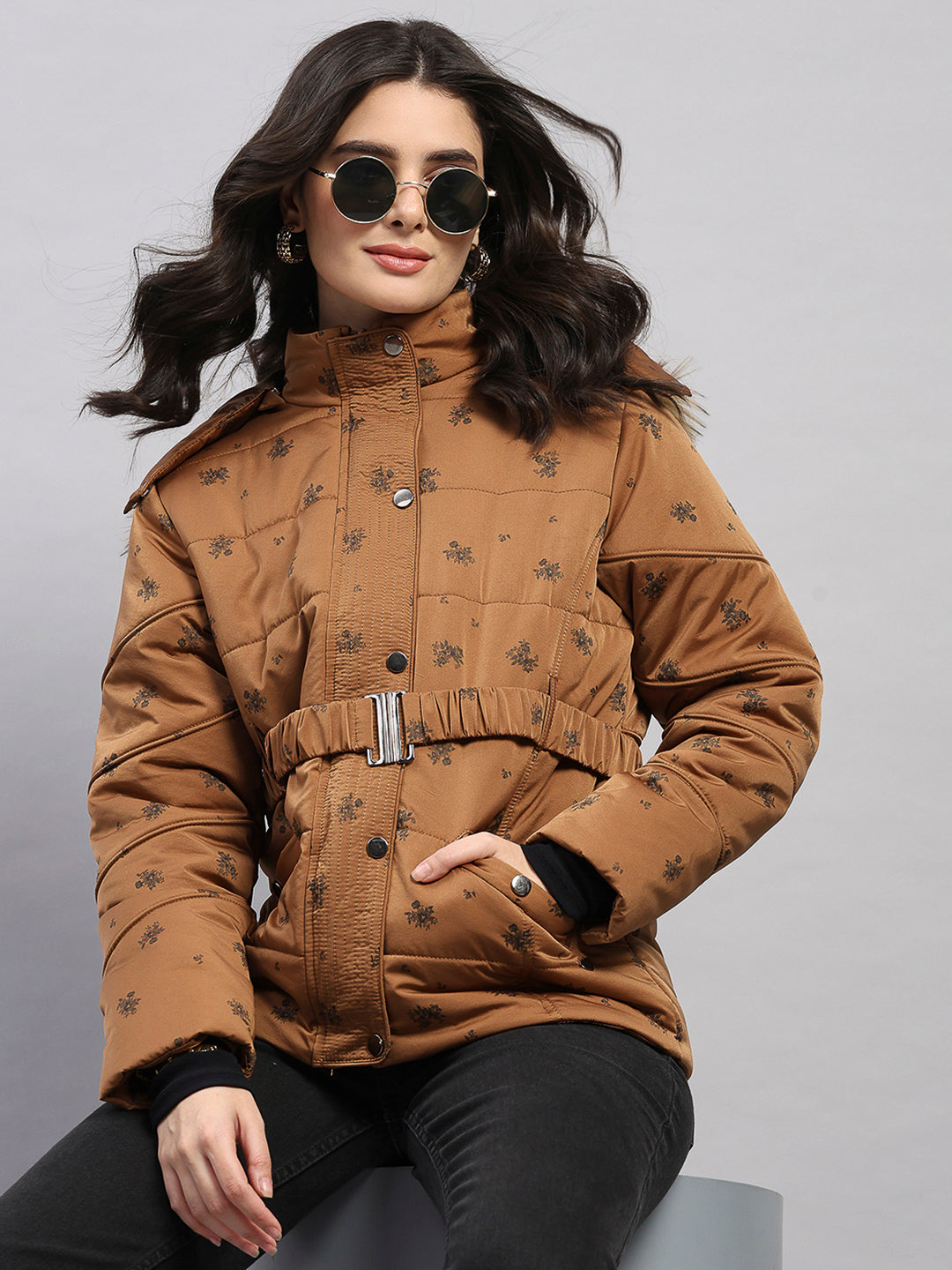 Women Tan Printed Hooded Full Sleeve Jacket