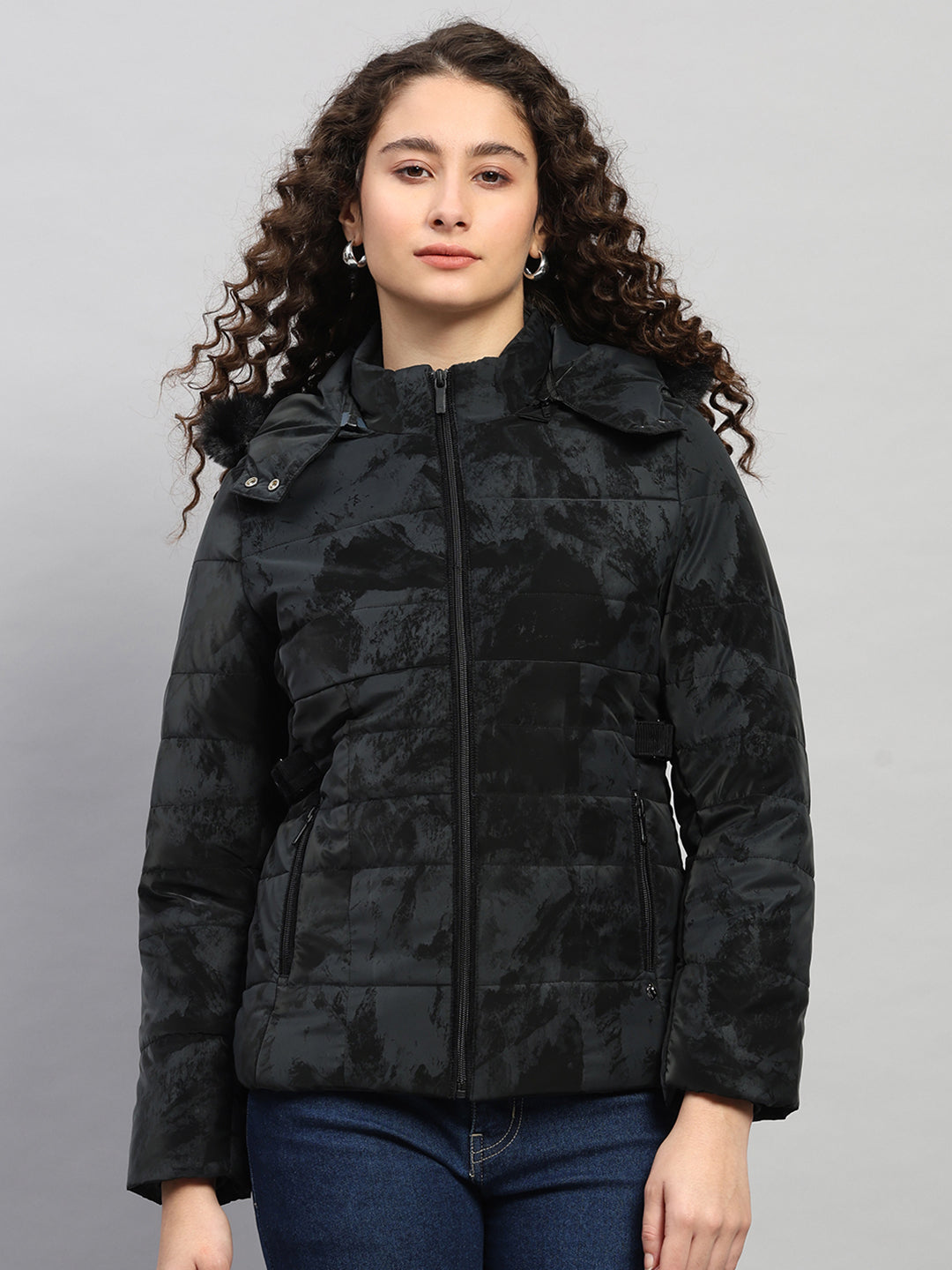 Women Black Printed Hooded Full Sleeve Jacket