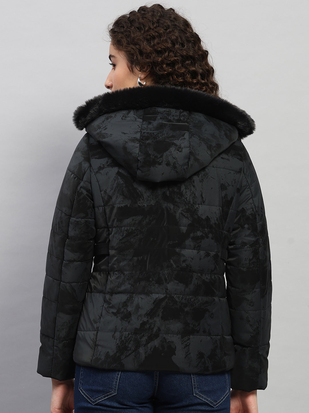 Women Black Printed Hooded Full Sleeve Jacket