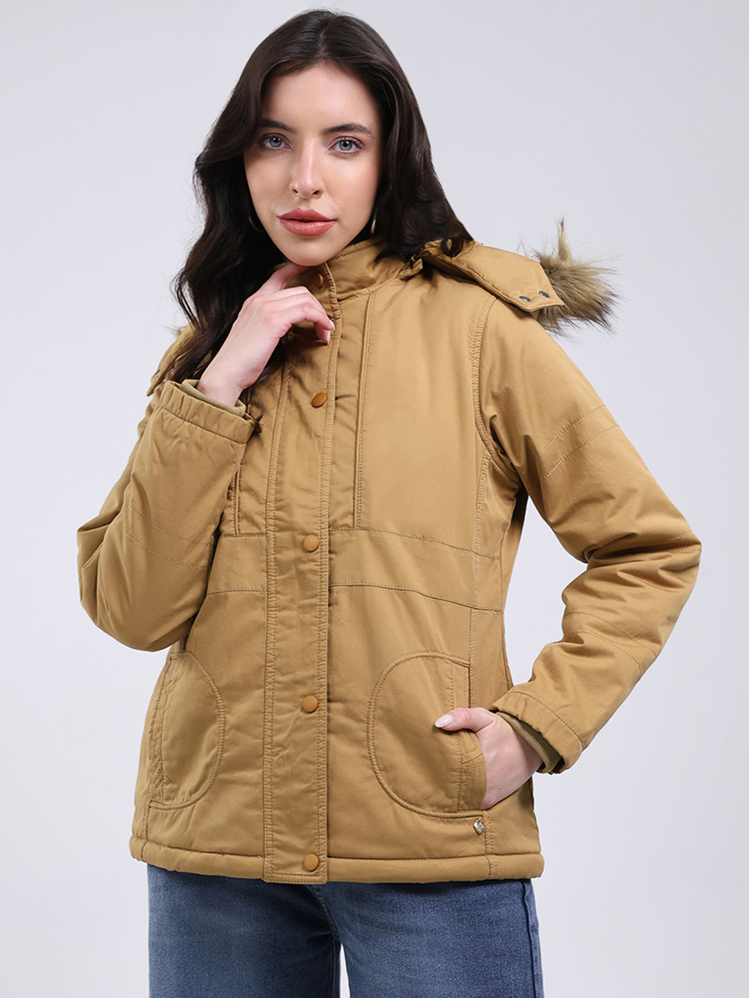 Women Mustard Solid Hooded Full Sleeve Jacket
