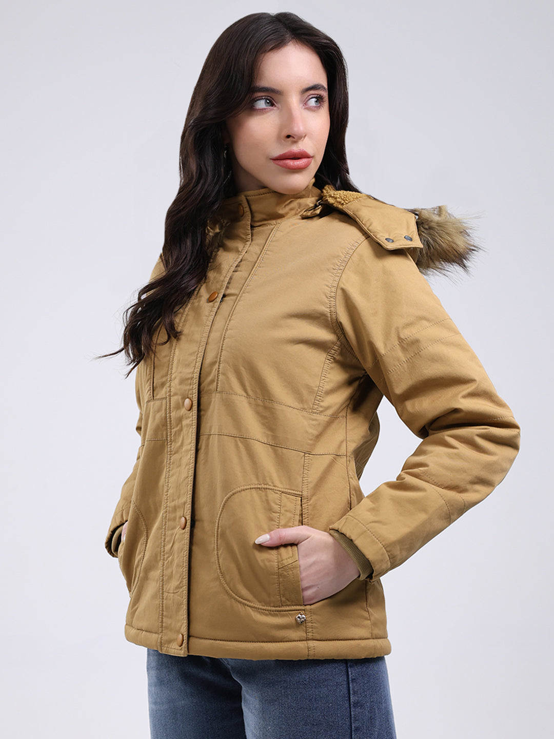 Women Mustard Solid Hooded Full Sleeve Jacket