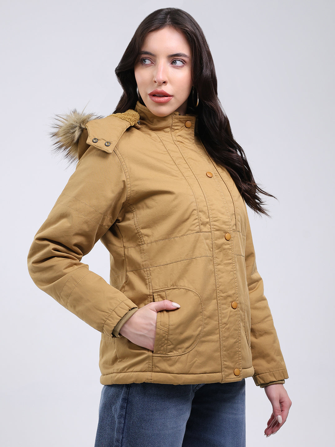Women Mustard Solid Hooded Full Sleeve Jacket