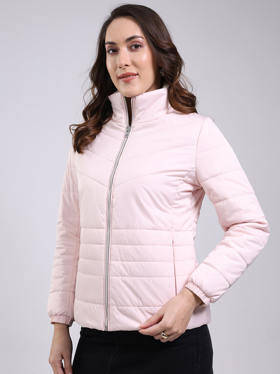 Women Pink Solid Mock Neck Full Sleeve Jacket