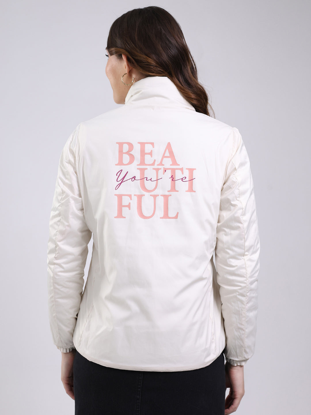 Women Pink Solid Mock Neck Full Sleeve Jacket