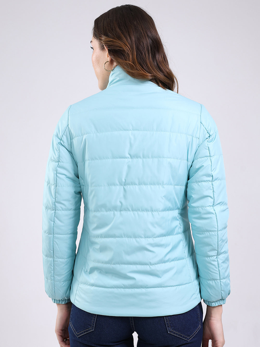 Women Sky Blue Solid Mock Neck Full Sleeve Jacket
