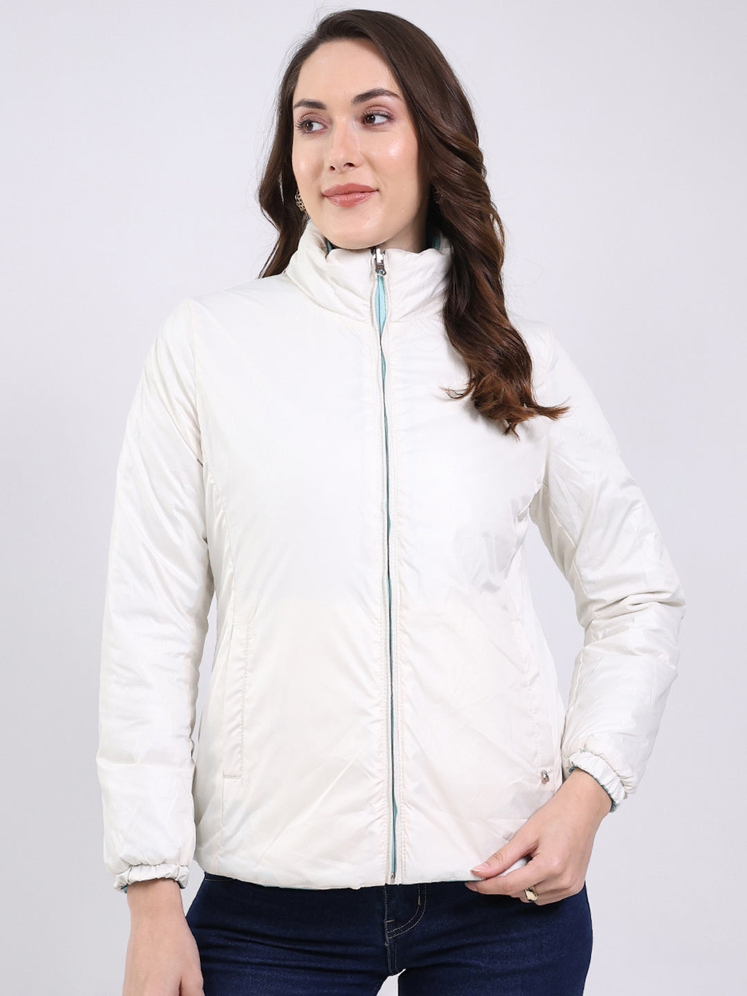 Women Sky Blue Solid Mock Neck Full Sleeve Jacket
