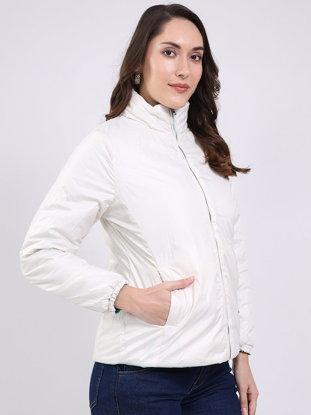 Women Sky Blue Solid Mock Neck Full Sleeve Jacket