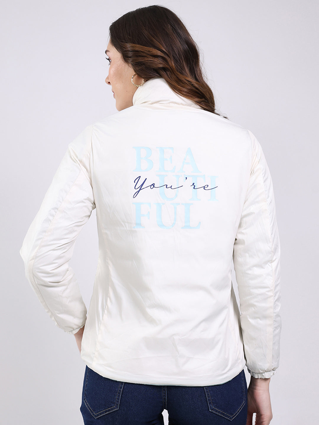 Women Sky Blue Solid Mock Neck Full Sleeve Jacket