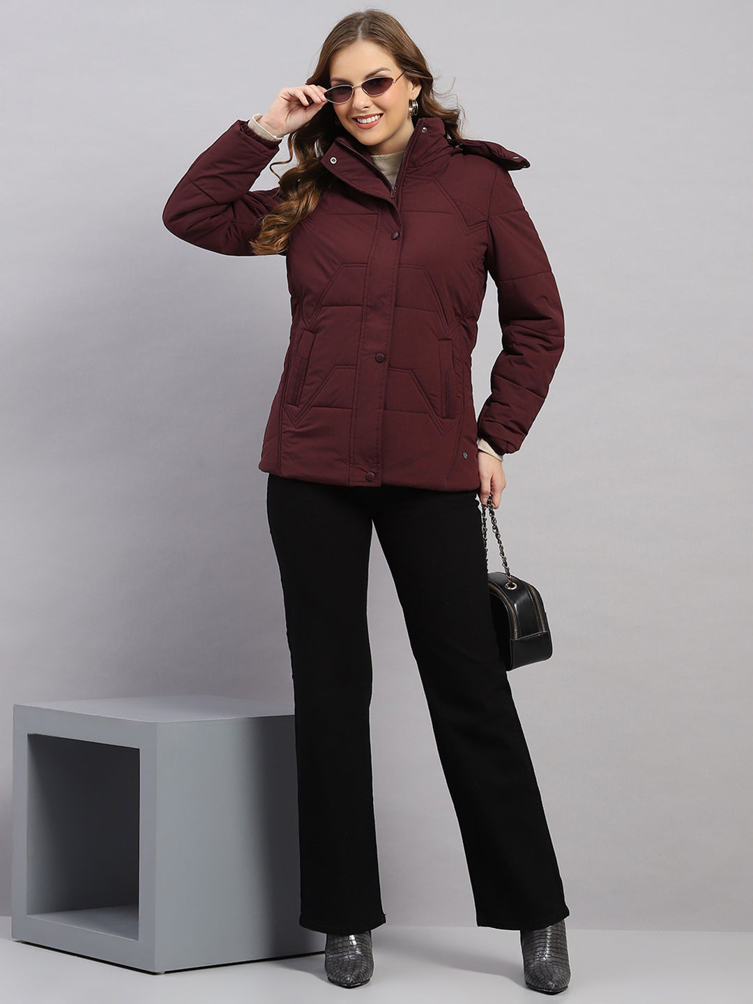 Women Burgundy Solid Hooded Full Sleeve Jacket