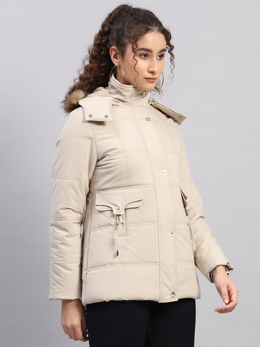 Women Beige Solid Hooded Full Sleeve Jacket