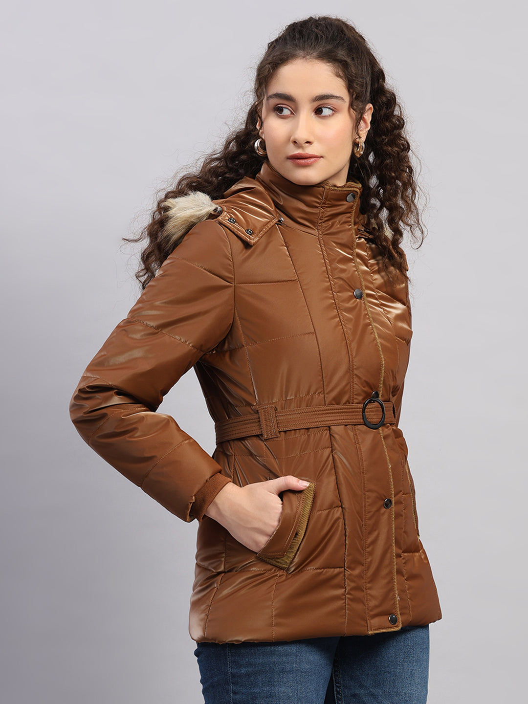 Women Tan Self Design Hooded Full Sleeve Jacket