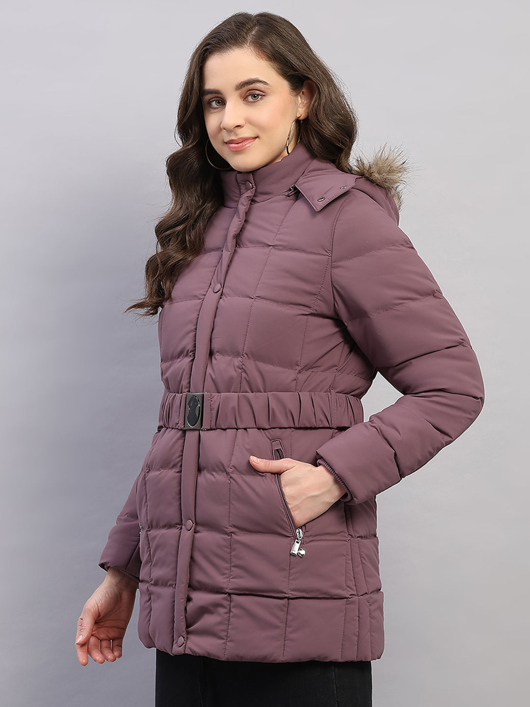 Women Mauve Solid Hooded Full Sleeve Jacket