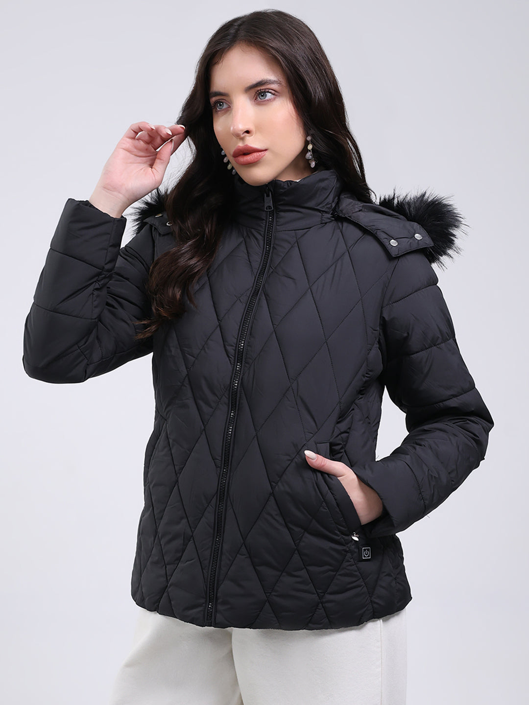 Women Black Solid Hooded USB Intelligent Heating Jacket