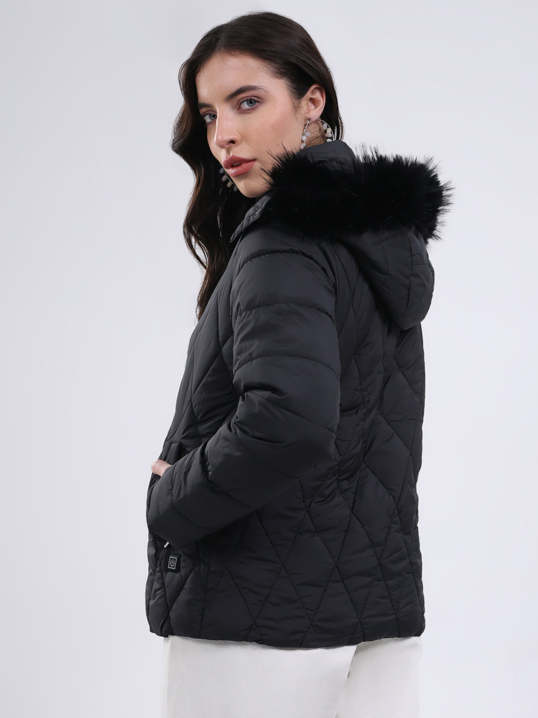 Women Black Solid Hooded USB Intelligent Heating Jacket