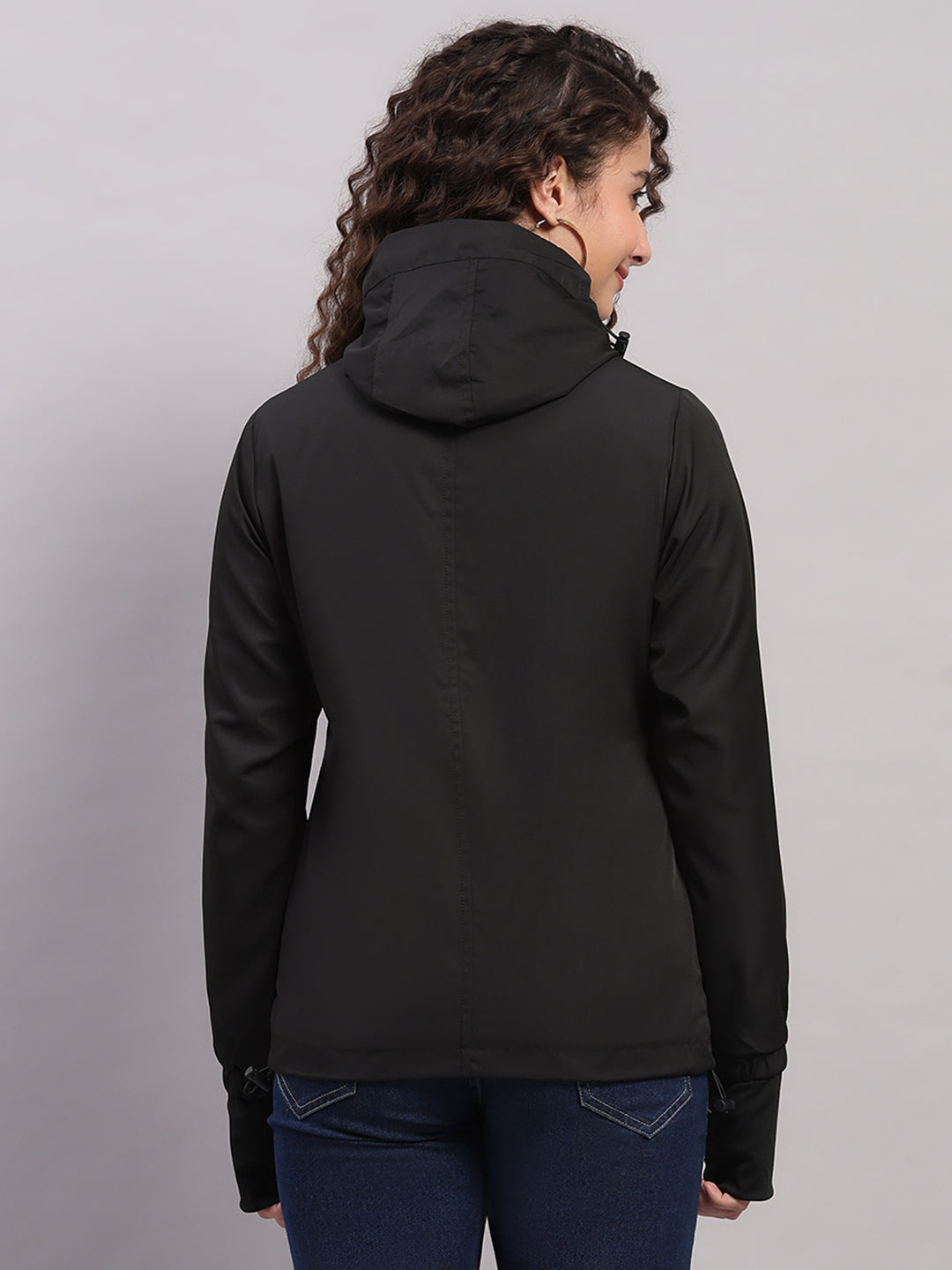 Women Black Solid Hooded Full Sleeve Jacket