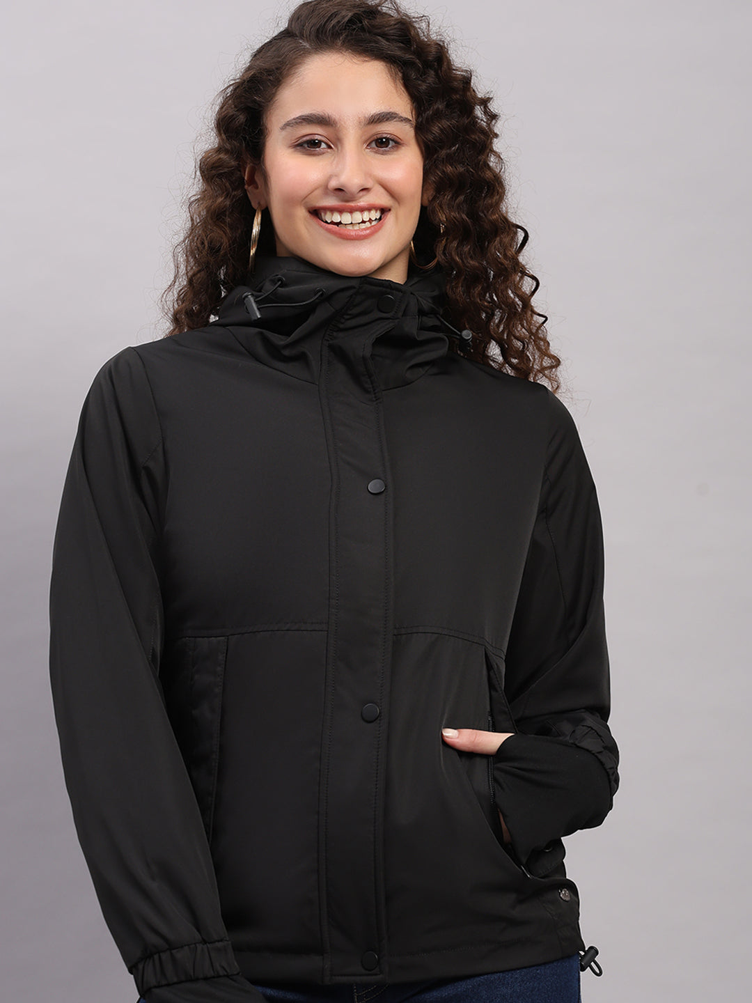 Women Black Solid Hooded Full Sleeve Jacket