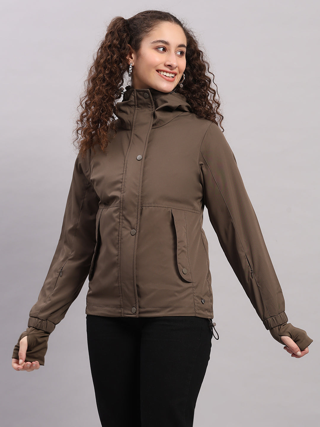 Women Brown Solid Hooded Full Sleeve Jacket