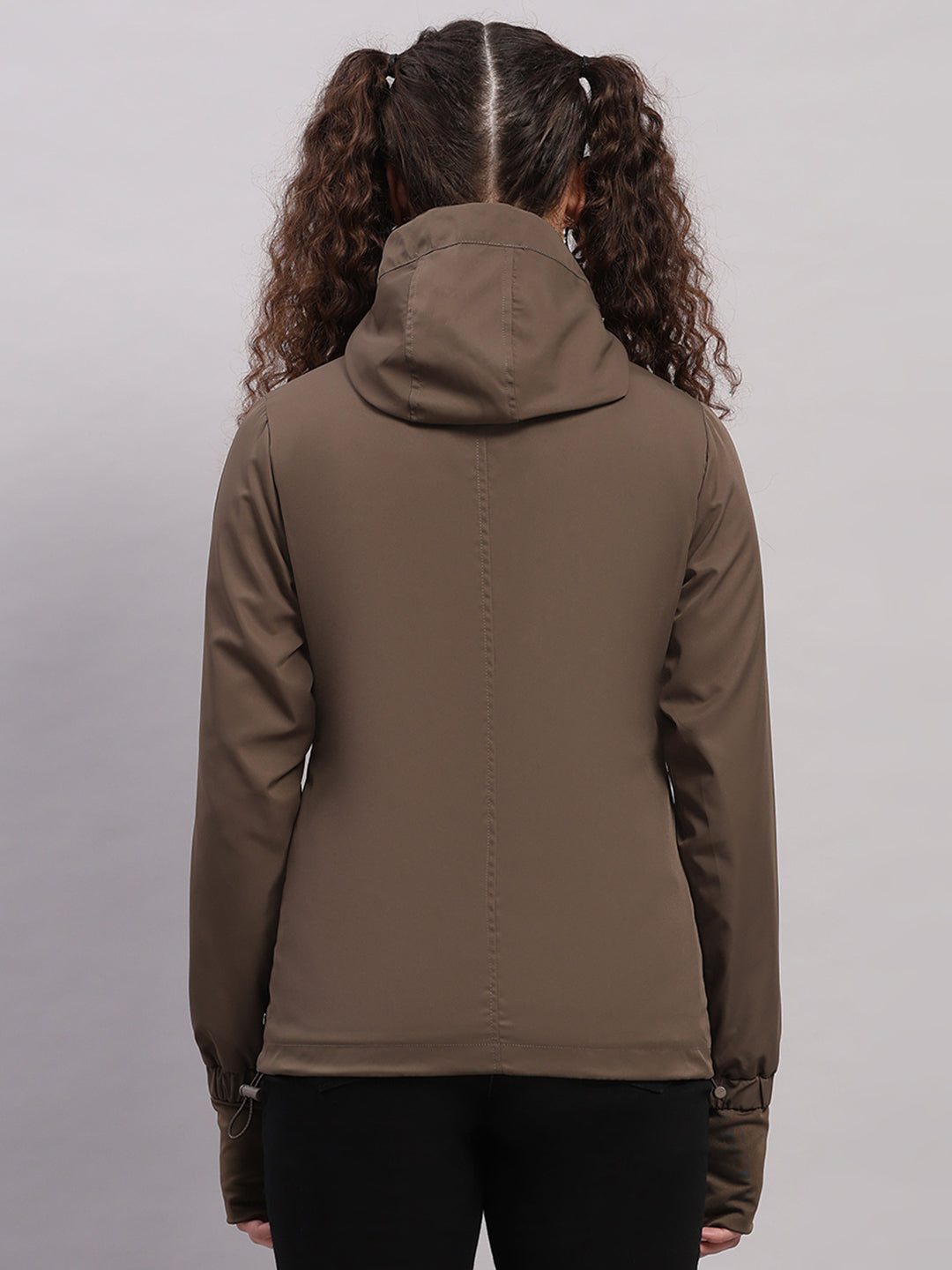 Women Brown Solid Hooded Full Sleeve Jacket