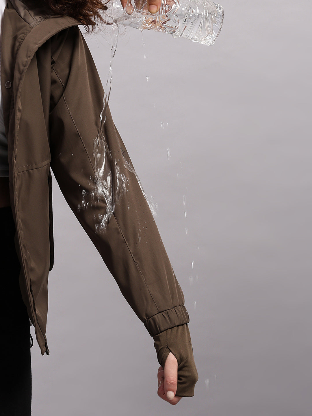 Women Brown Solid Hooded Full Sleeve Jacket