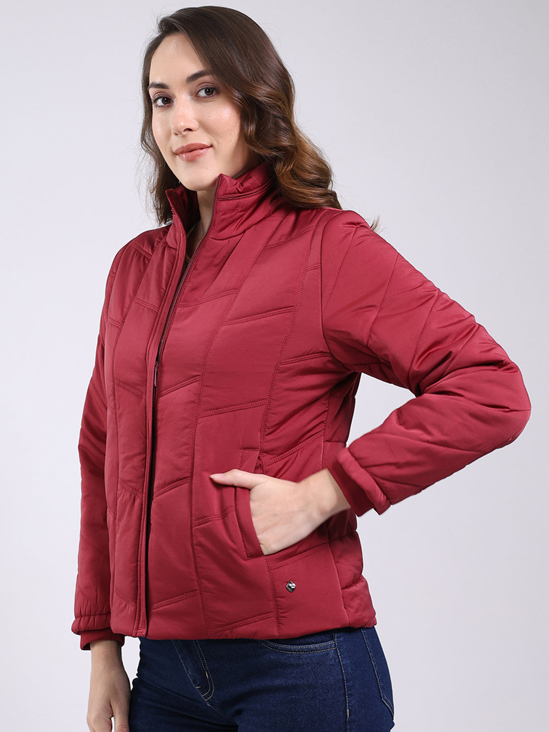 Women Maroon Solid Mock Neck Full Sleeve Jacket