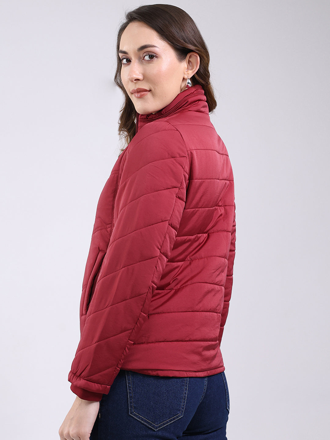 Women Maroon Solid Mock Neck Full Sleeve Jacket