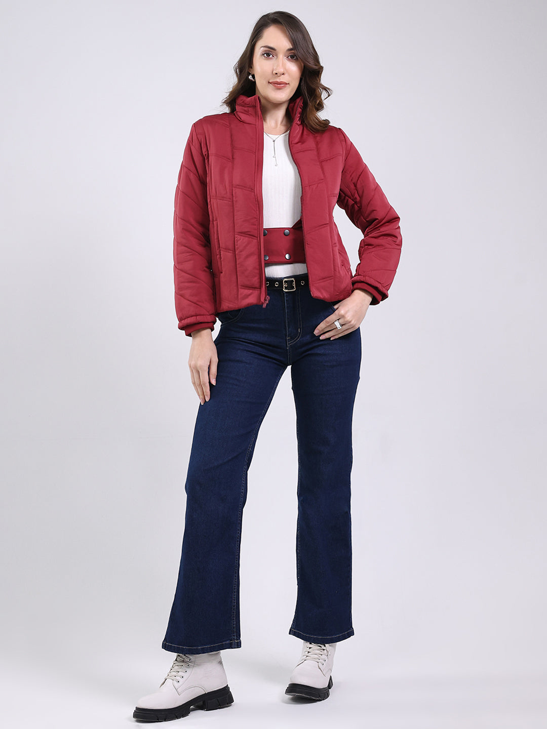 Women Maroon Solid Mock Neck Full Sleeve Jacket