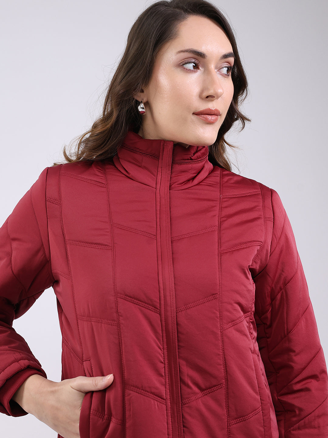 Women Maroon Solid Mock Neck Full Sleeve Jacket