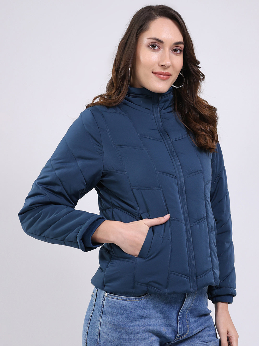 Women Teal Blue Solid Mock Neck Full Sleeve Jacket