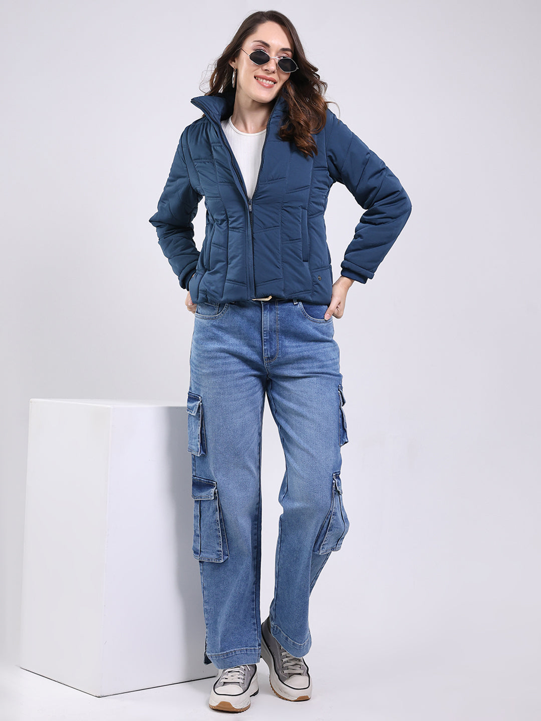 Women Teal Blue Solid Mock Neck Full Sleeve Jacket