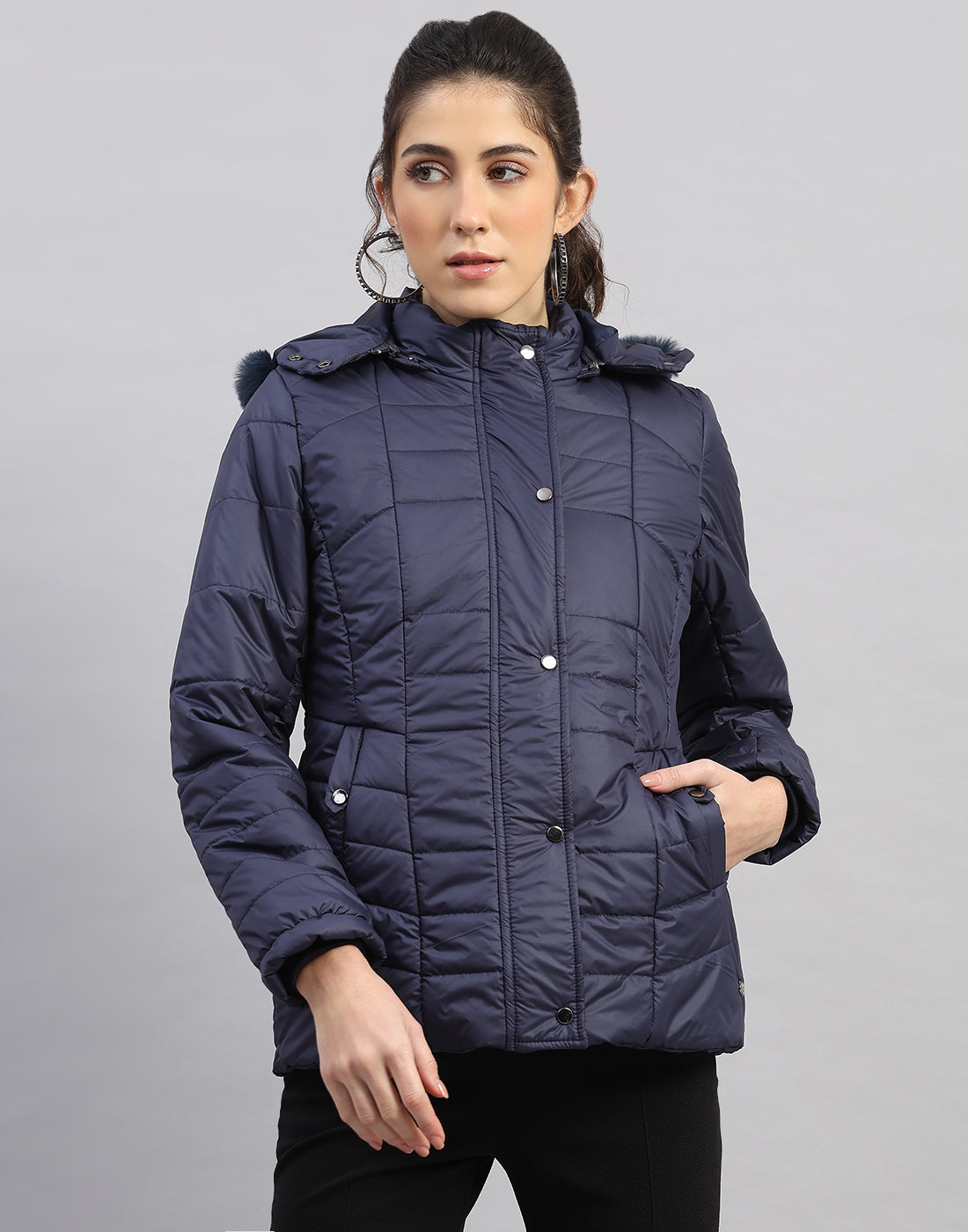 Women Navy Blue Solid Hooded Full Sleeve Jacket