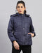 Women Navy Blue Solid Hooded Full Sleeve Jacket