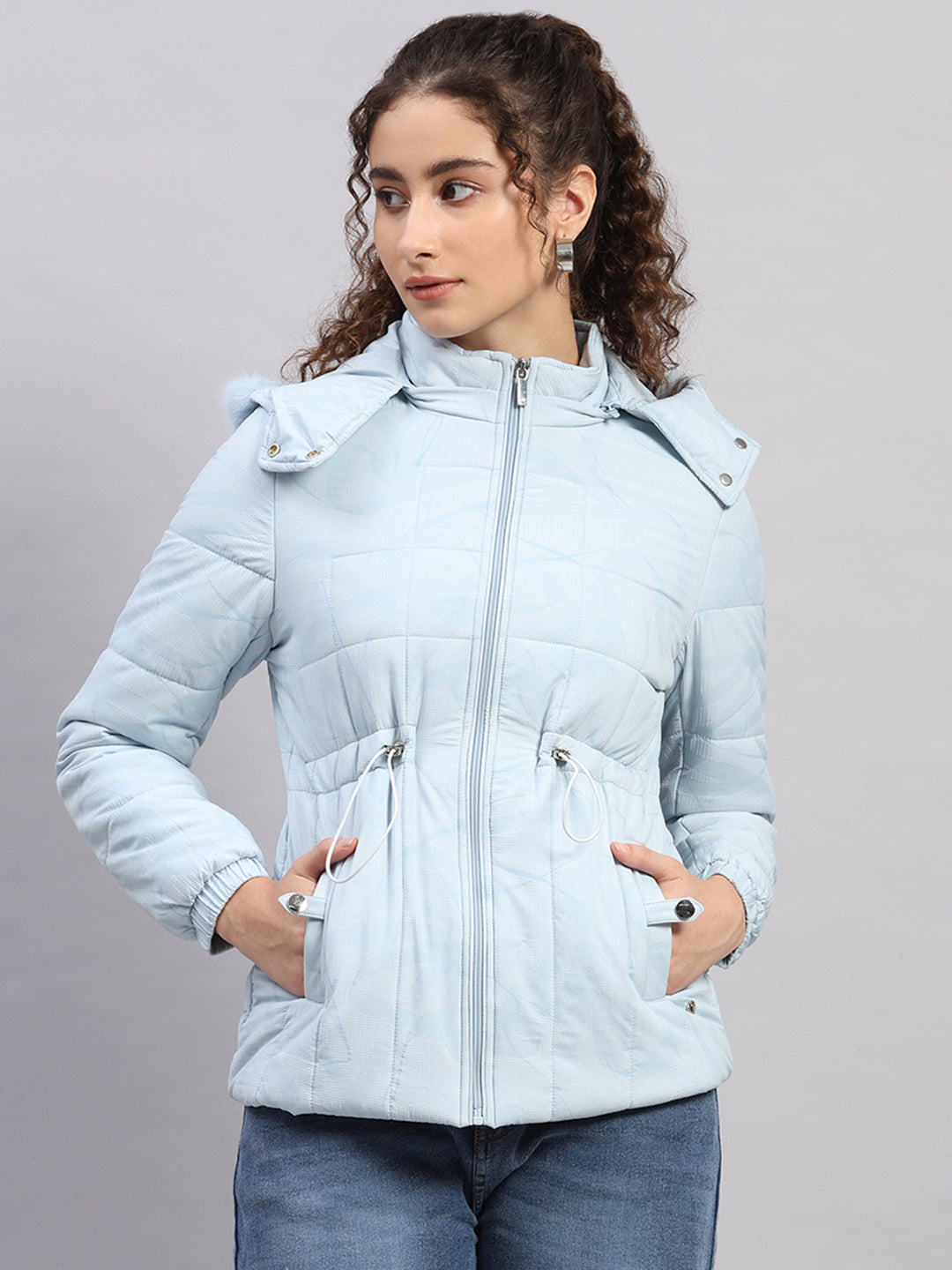 Women Sky Blue Printed Hooded Full Sleeve Jacket (-10° Protection)