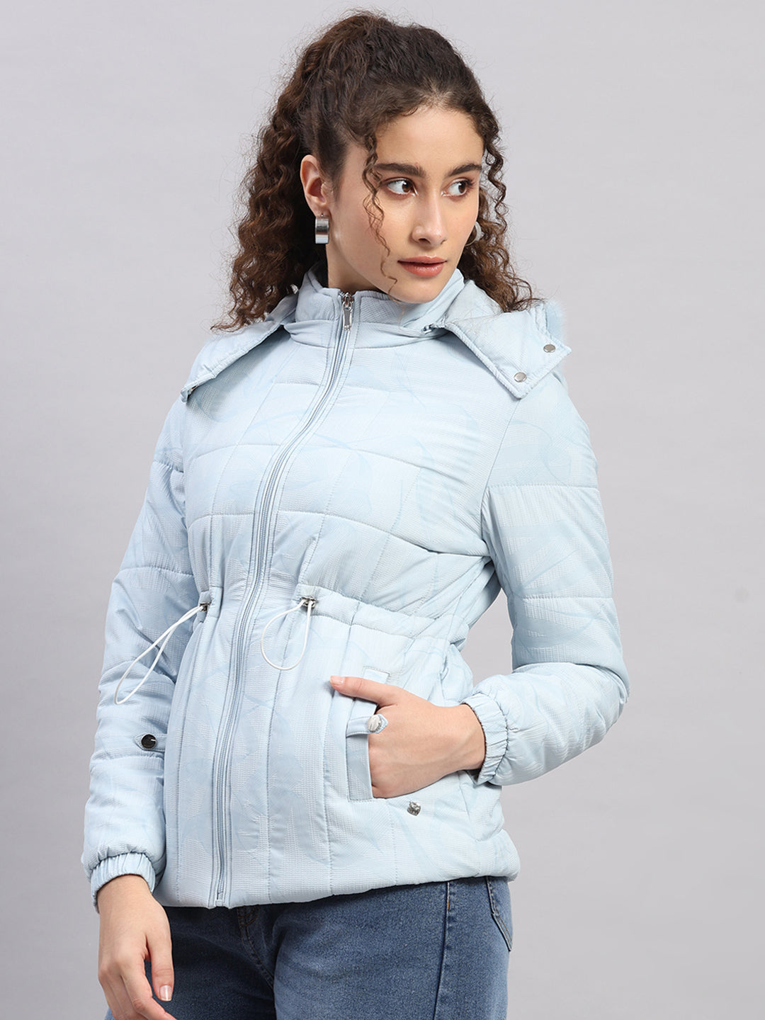 Women Sky Blue Printed Hooded Full Sleeve Jacket (-10° Protection)