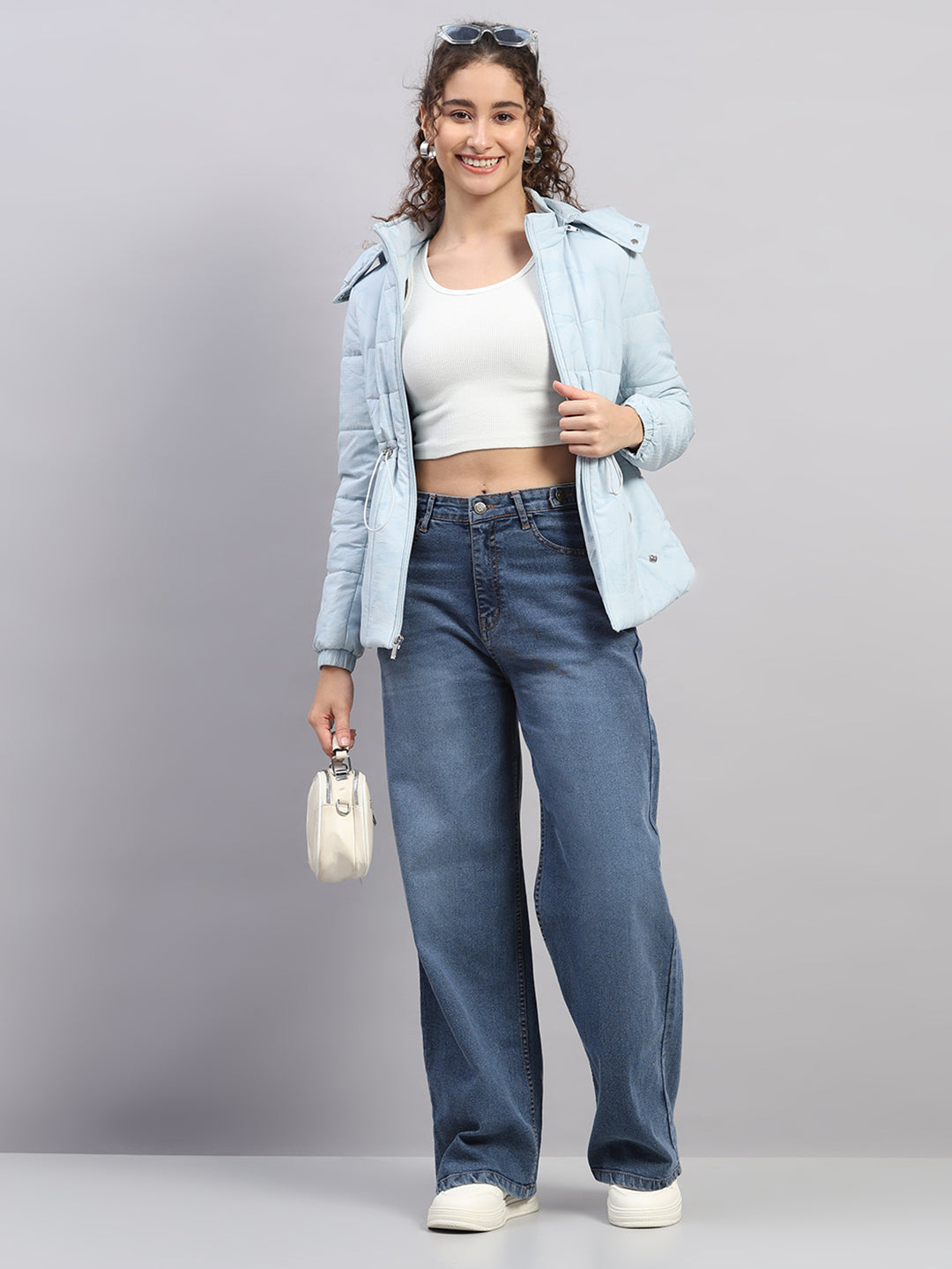 Women Sky Blue Printed Hooded Full Sleeve Jacket (-10° Protection)