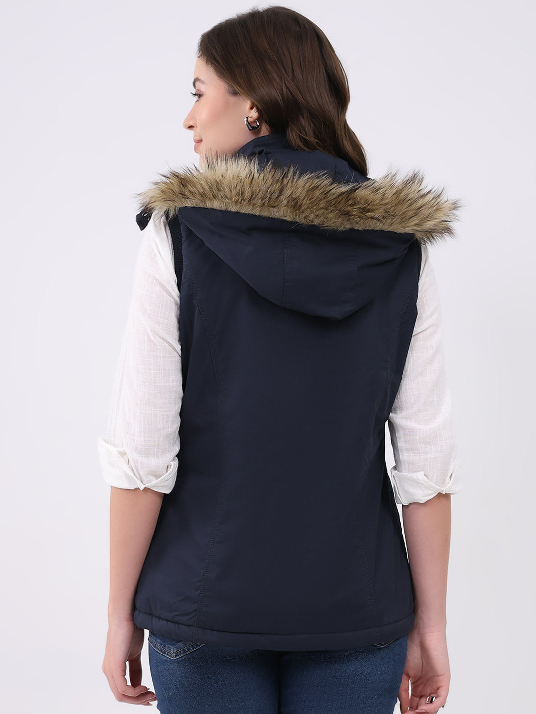 Women Navy Blue Solid Hooded Sleeveless Jacket
