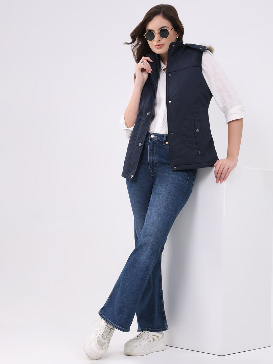 Women Navy Blue Solid Hooded Sleeveless Jacket