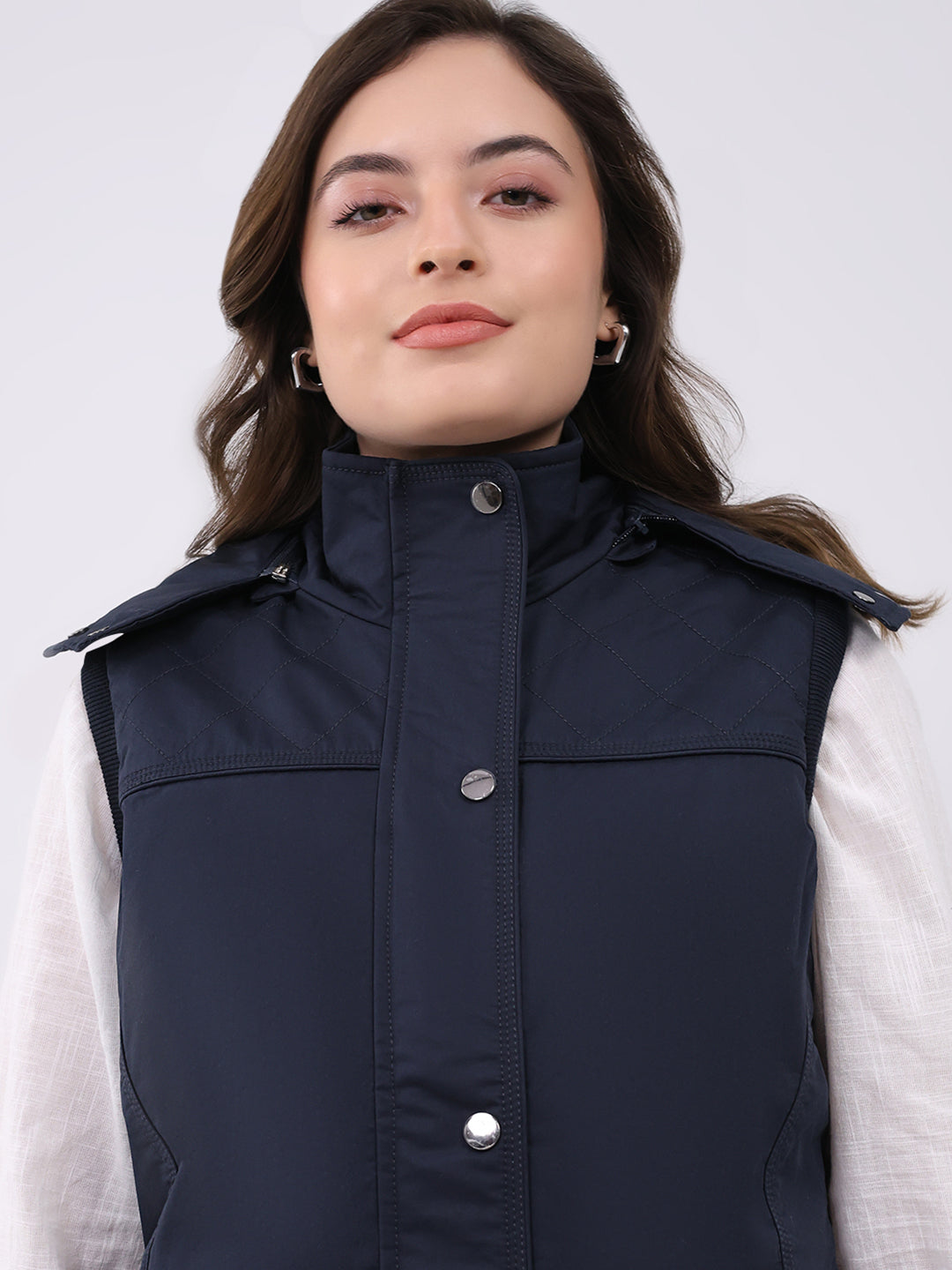 Women Navy Blue Solid Hooded Sleeveless Jacket