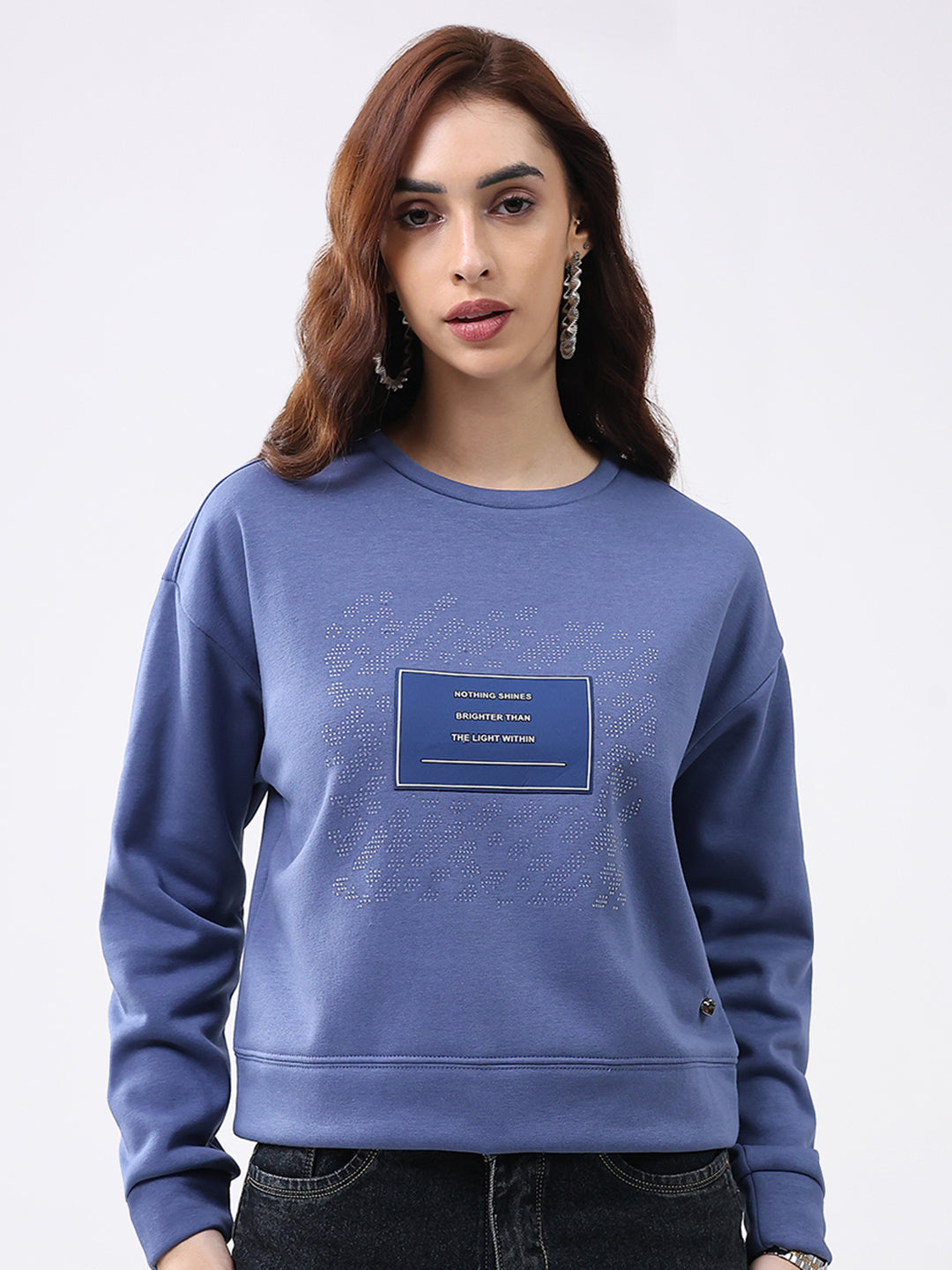 Women Blue Printed Round Neck Full Sleeve Sweatshirt